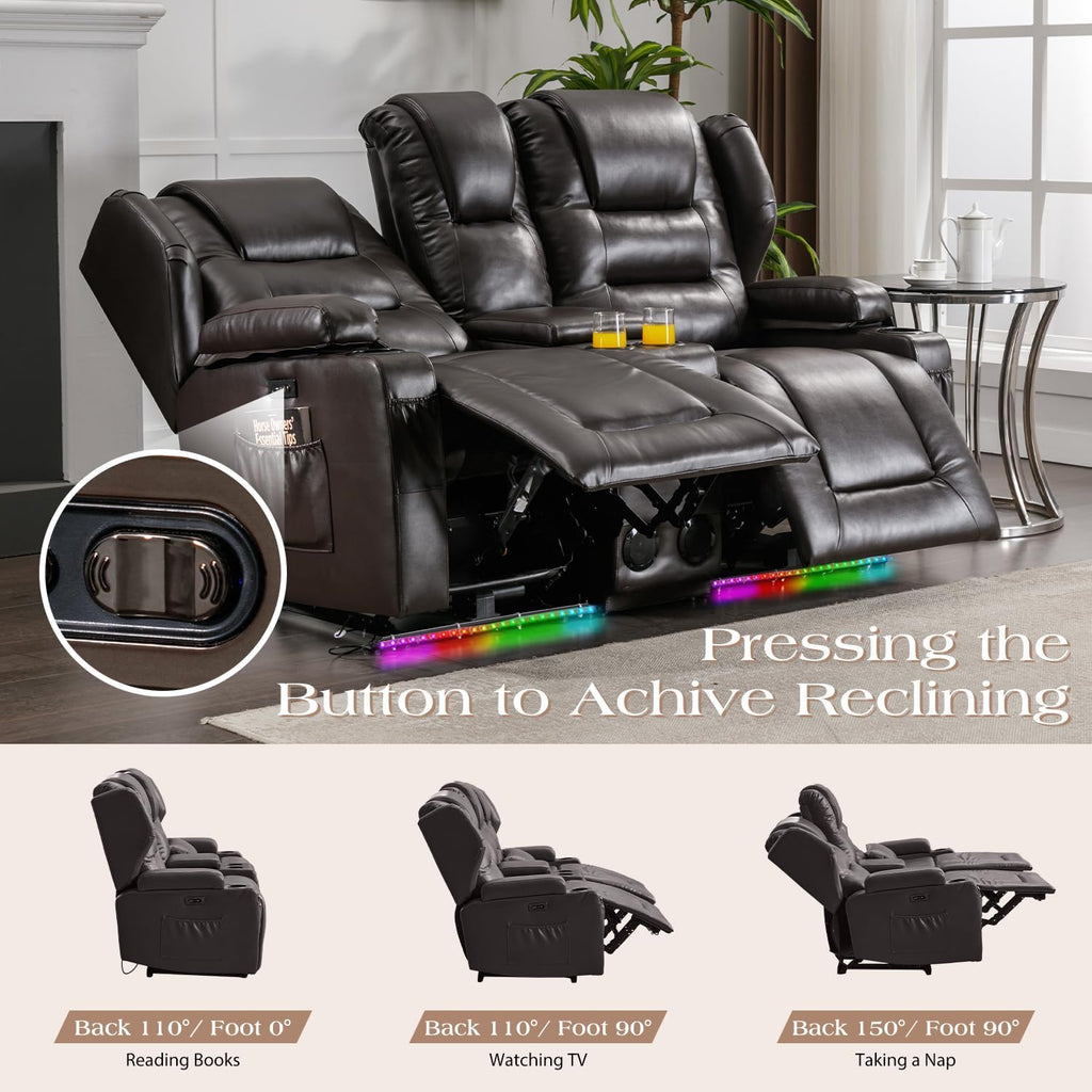 Loveseat Power Recliner Sofa Couch Electric Reclining Sofa Chair for Living Room with Multi-Function Console/Cup Holders/LED Ambient Light