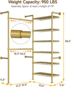 L2 Wall Mounted Closet System, Industrial Pipe Clothing Rack Clothes Racks with 2 Telescopic Rod & 6 Shelves, Heavy Duty Closet Organizers System in Wardrobe Closet, Gold