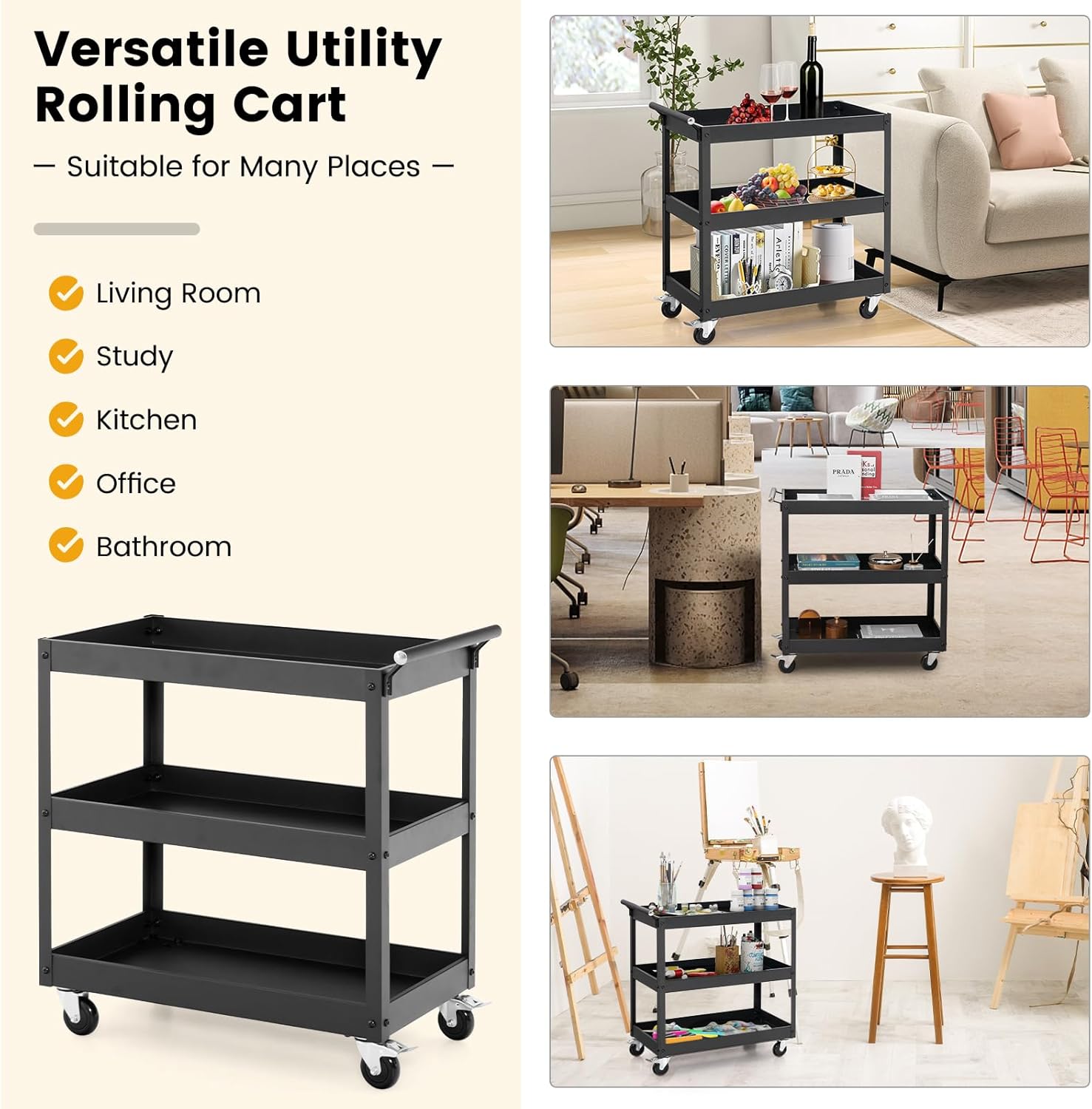 Goplus 3-Tier Utility Cart, Heavy Duty Commercial Service Tool Cart w/Lockable Wheels, 330lbs Load Capacity, Ergonomic Handle, Rolling Mechanic Tool Cart Storage Organizer for Warehouse Garage Black