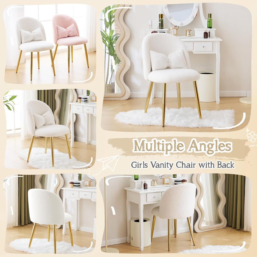 VINGLI Boucle Girls Vanity Chair with Back & Pillow,Cute Small Cozy Desk ...