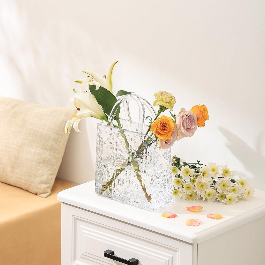 Purse Vase, Glass Bag Vase, Glass Purse Vase for Flowers, Clear Vases, 12 Inch Large Flower Vase with Embossed Pattern for Wedding, Living Room, Bedroom, Table, Office(Tote)