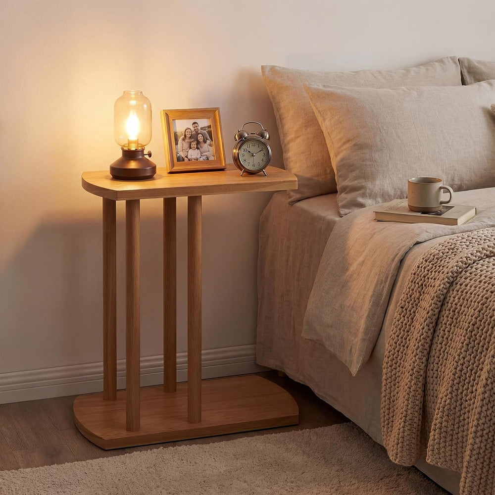 Giantex C-Shaped Teak Wood Side Table, Set of 2 Narrow 2-Tier Couch Tables th...