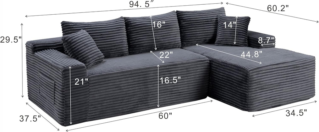 Grey Oversized Sectional Boneless Couch for Living Room. Right Face Chaise | L shaped modular sofa, Cloud soft cushion with foam, Breathable pet-friendly, Side storage pocket, No assembly required.