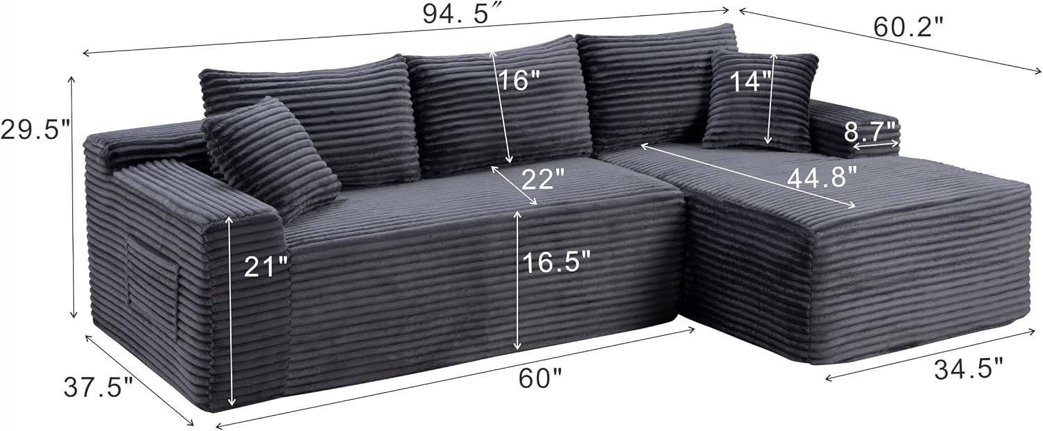 Grey Oversized Sectional Boneless Couch for Living Room. Right Face Chaise | L shaped modular sofa, Cloud soft cushion with foam, Breathable pet-friendly, Side storage pocket, No assembly required.