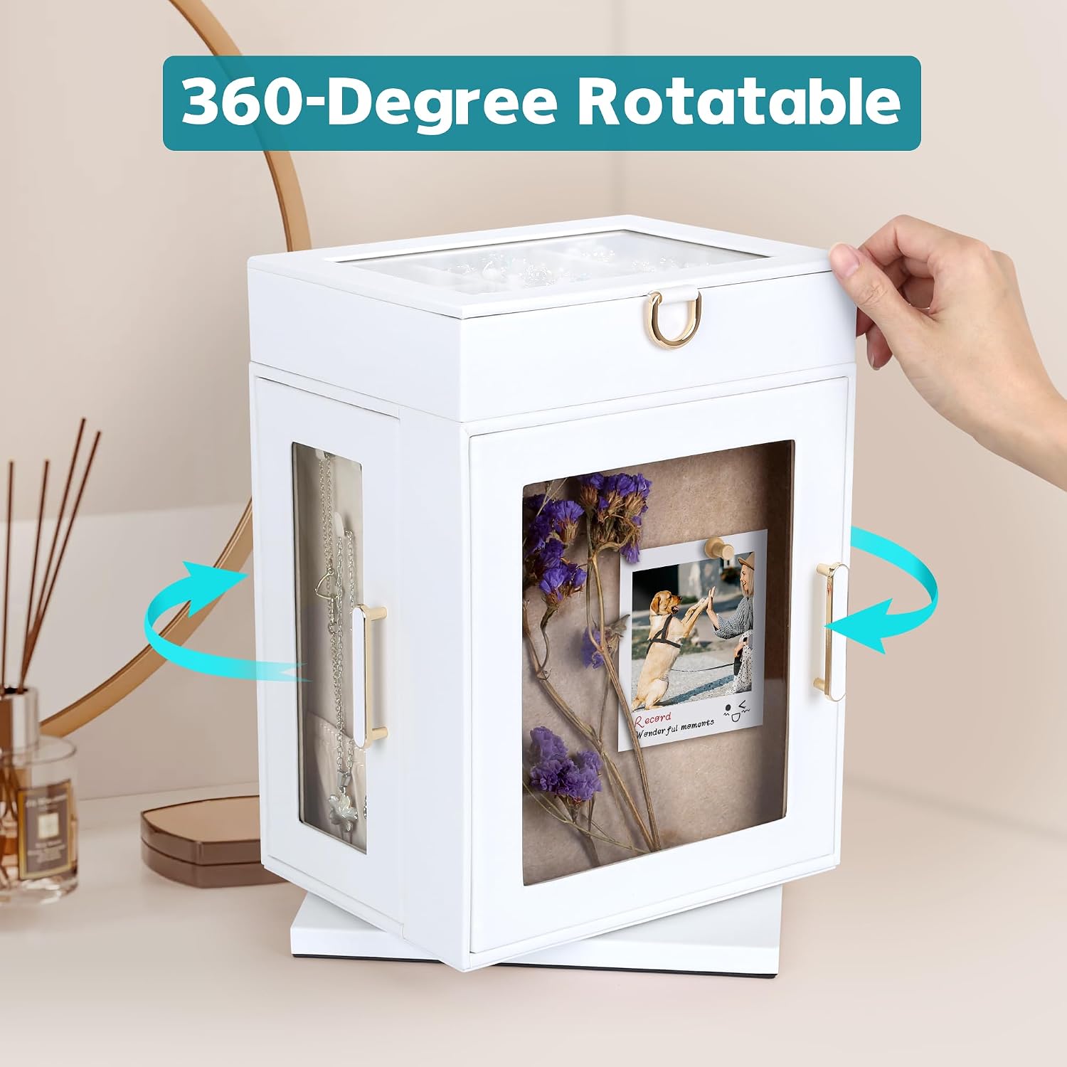 Kendal 360° Rotating Jewelry Box - White PU Leather Jewelry Organizer with Shadow Box & Pinboard, Detachable Top Tray, Drawers & Push Pins for Personalized Accessory Display & Storage