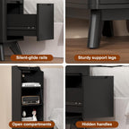 Tall Nightstand with Charging Station, Narrow Side Table with Bookshelf, 47" Tall Free Standing Wooden Night Stand with 2 Drawers and 4 Open-Shelves, Modern End Bedside Table for Bedroom, Black