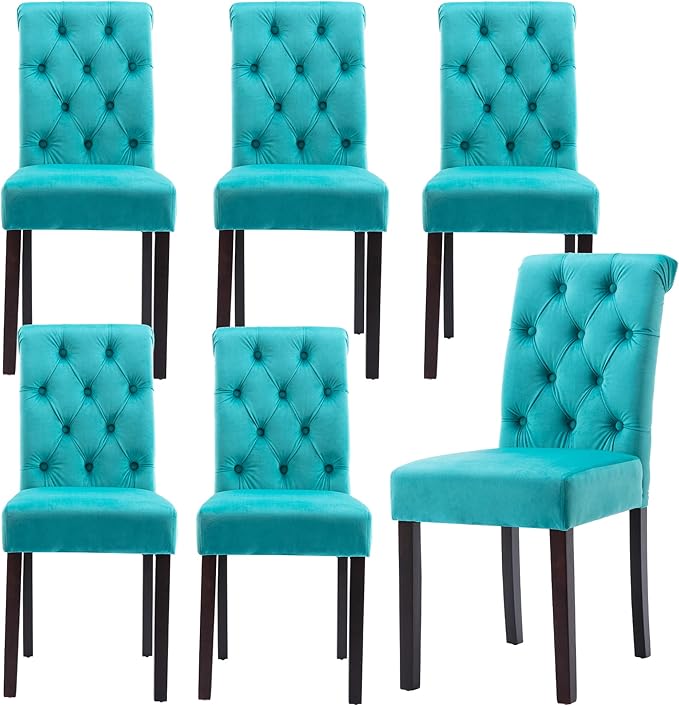 Velvet Dining Chairs Set of 6 Upholstered Dining Room Chairs Modern Tufted Accent Chairs Wooden Parsons Side Chairs for Home Kitchen Restaurant, Cyan
