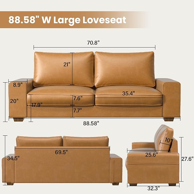 Modern Faux Leather Sofa, Large Couch with Spring Cushions & Solid Wood Frame, Easy-to-Clean Removable Cover, Spacious Living Room Family Furniture, Extra Long Couch (88.58", Brown)