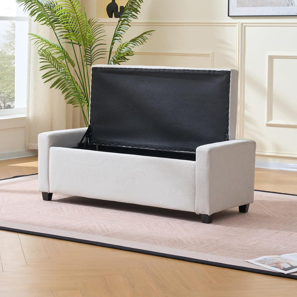 Storage Bench for Bedroom, 48.4'' End of Bed Beige Ottoman Lined Fabr...