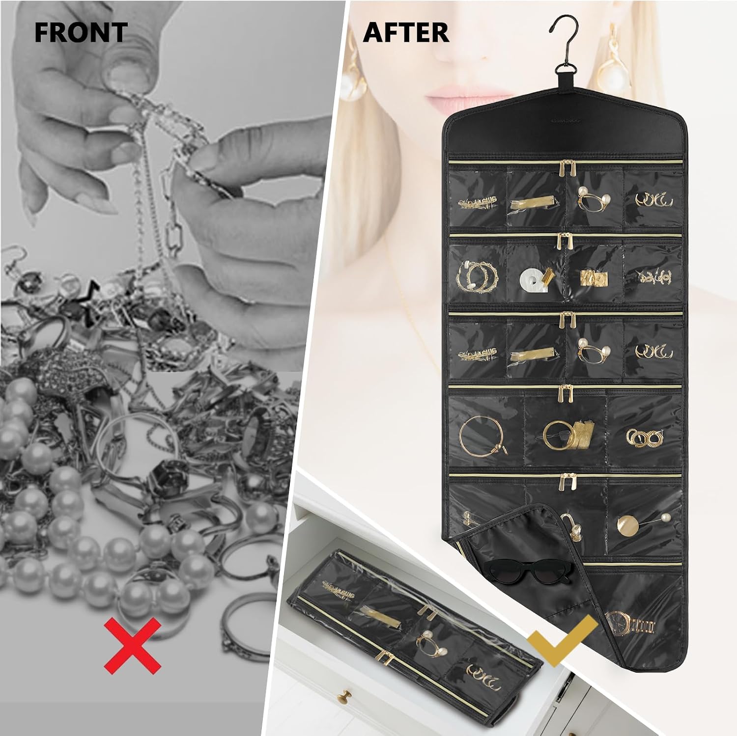CHICECO Hanging Jewelry Organizer With Zippered Pockets,40 Pockets Travel Jewelry Organizer Storage for Cloest,Wall,Door
