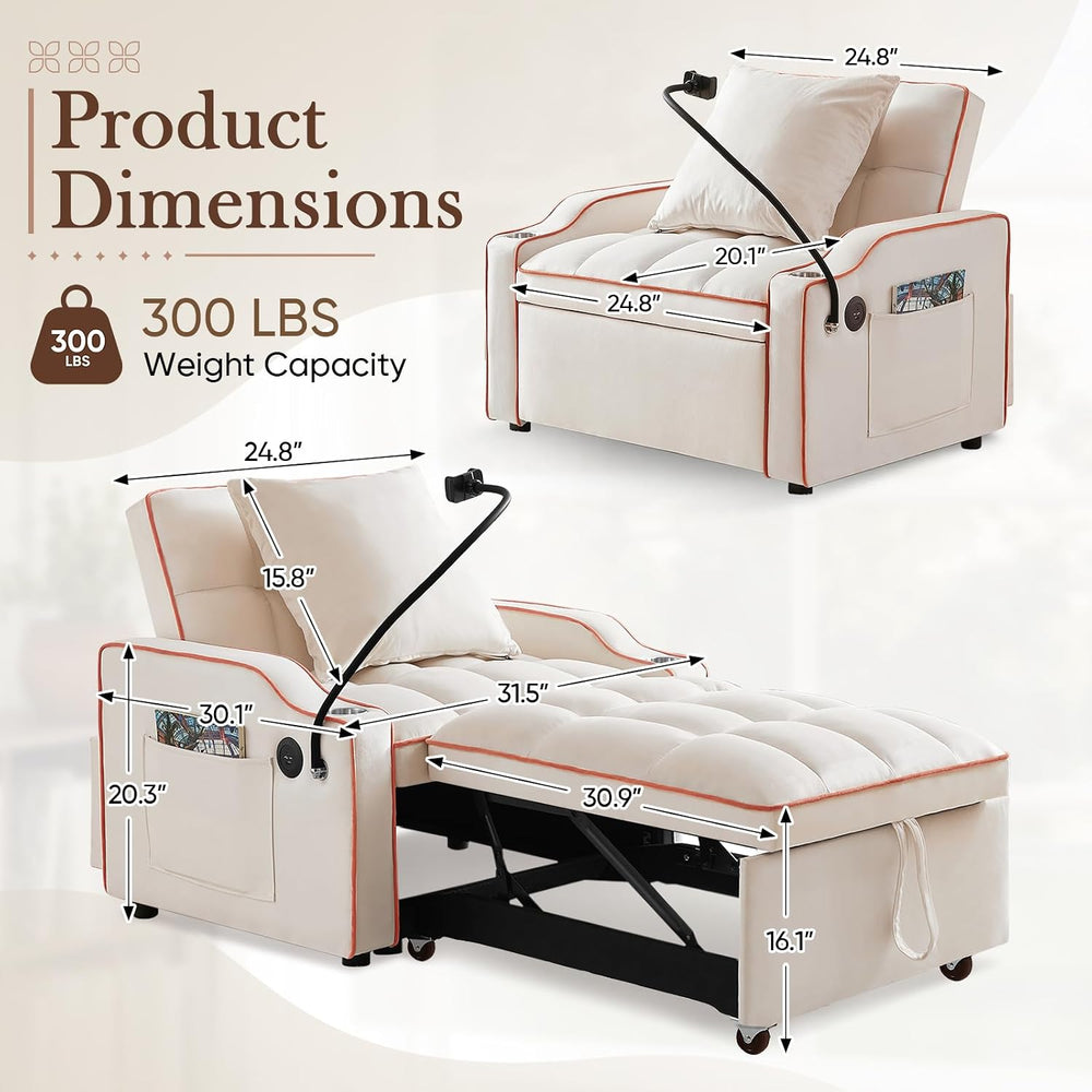 Convertible Single Sleeper Velvet Futon Sleeper Sofa Bed with Phone Holder &a...