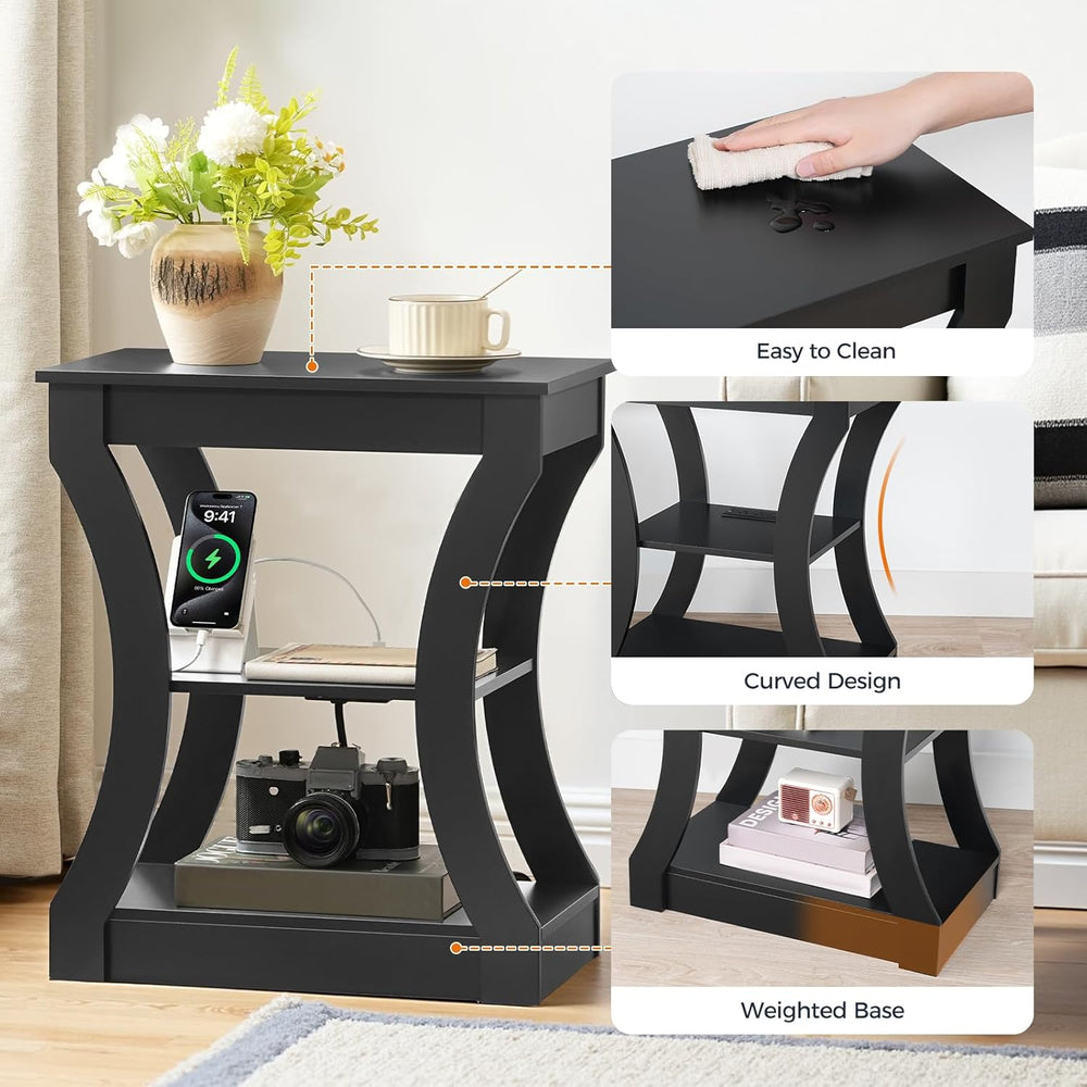 MAHANCRIS Black End Table with Charging Station, Skinny Side Table with USB P...
