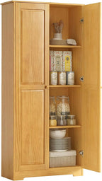 HOMCOM 67" Pinewood Kitchen Pantry Storage Cabinet Freestanding Brown | Adjustable Shelves, Solid Wood Food Pantry, Soft-Close Doors, Living Room Dining Room