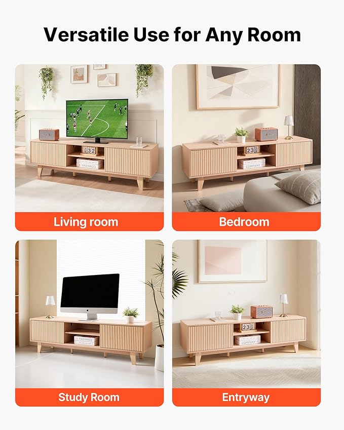 VEVOR 59" Fluted TV Stand, Boho Entertainment Center for 55/60/65 inch TVs, Mid Century Modern Media Console TV Storage Cabinet with Sliding Door and Adjustable Open Shelves, for Living Room, Bedroom