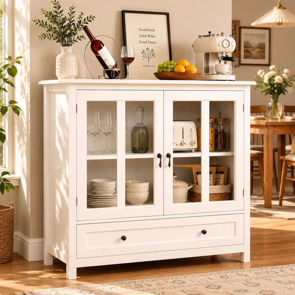 RASOO White Modern Buffet Cabinet with Double Glass Doors