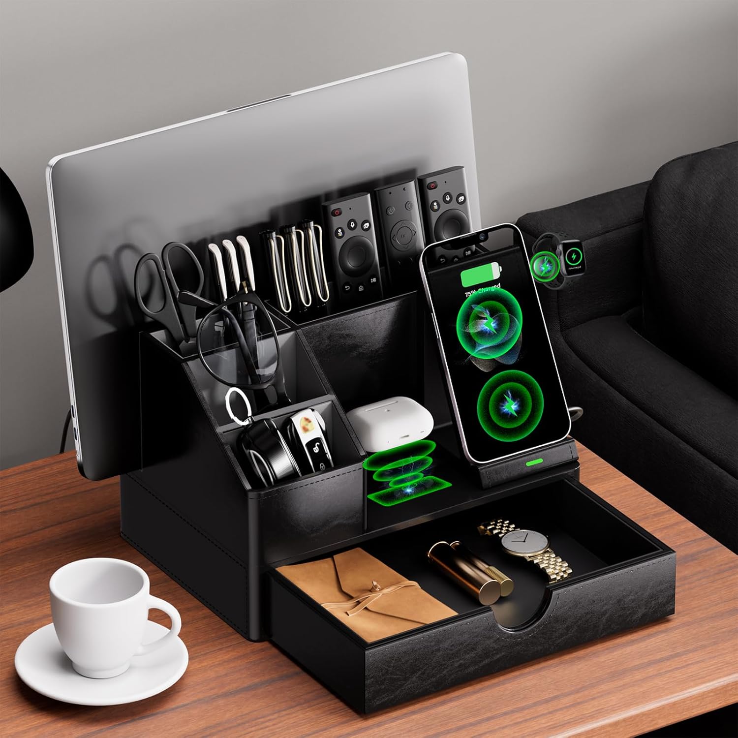 Black PU Leather Multi-Device Charging Station with Drawer - 6-in-1 Desktop Organizer for Phone, iPad, Tablet, Laptop, Watch, Headphones - Electronics Docking Hub & Storage Box for Office Home (Black)