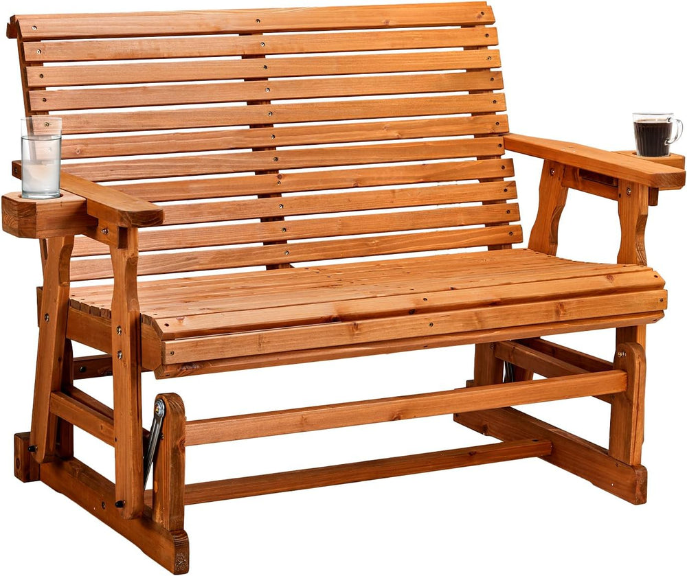 VINGLI Outdoor Glider Wood Patio Chair with Cup Holders, Outdoor Bench Glider...