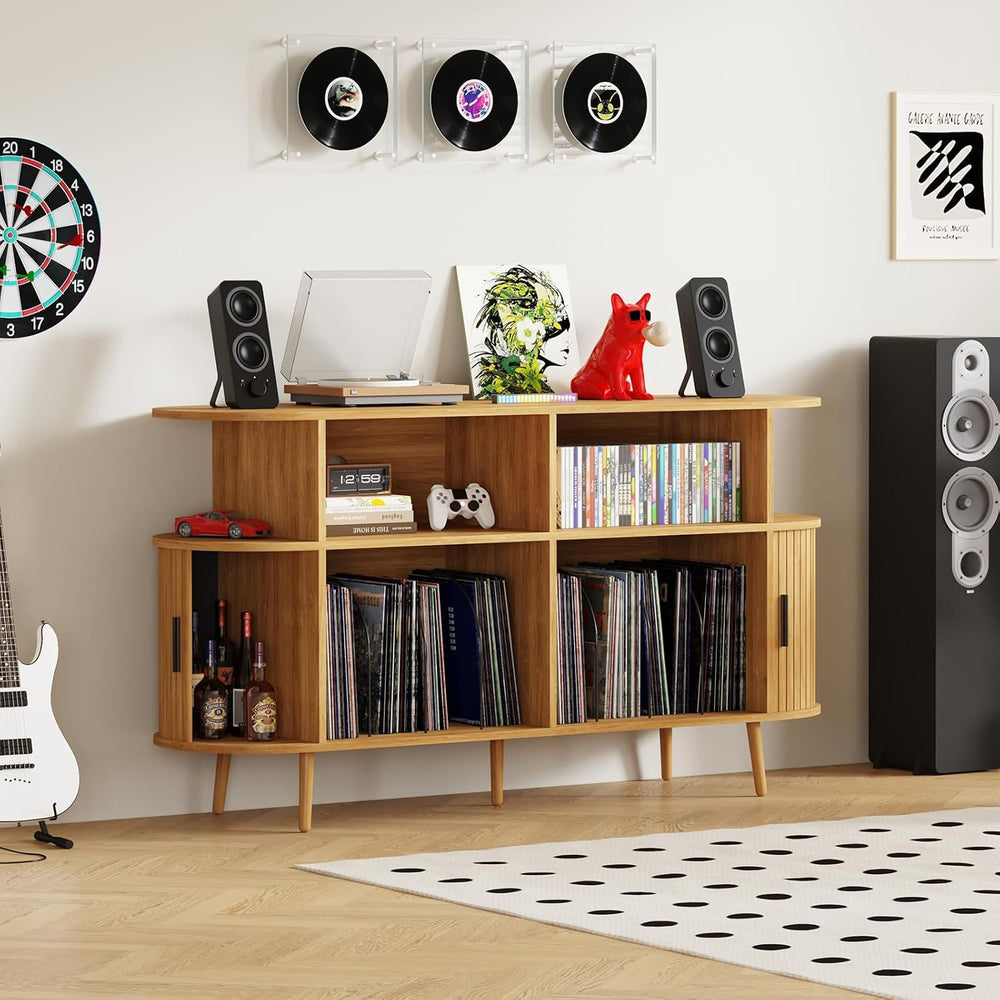 55.1" Large Record Player Stand with Charging Station,Natural