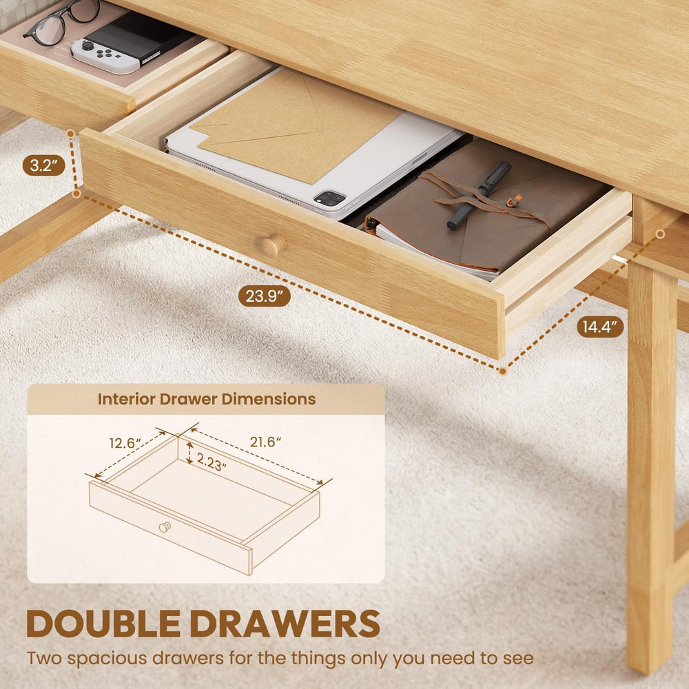 60in Solid Wood Desk - Oak Double-Top Writing Table with Drawers