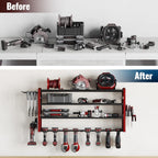 Tomorotec 4-Layer Wall-Mounted Power Tool Storage Rack, Heavy-Duty Steel Drill Organizer with Adjustable Shelves & Side Hooks for Toolbox, Easy Installation Garage & Workshop Storage (Red)