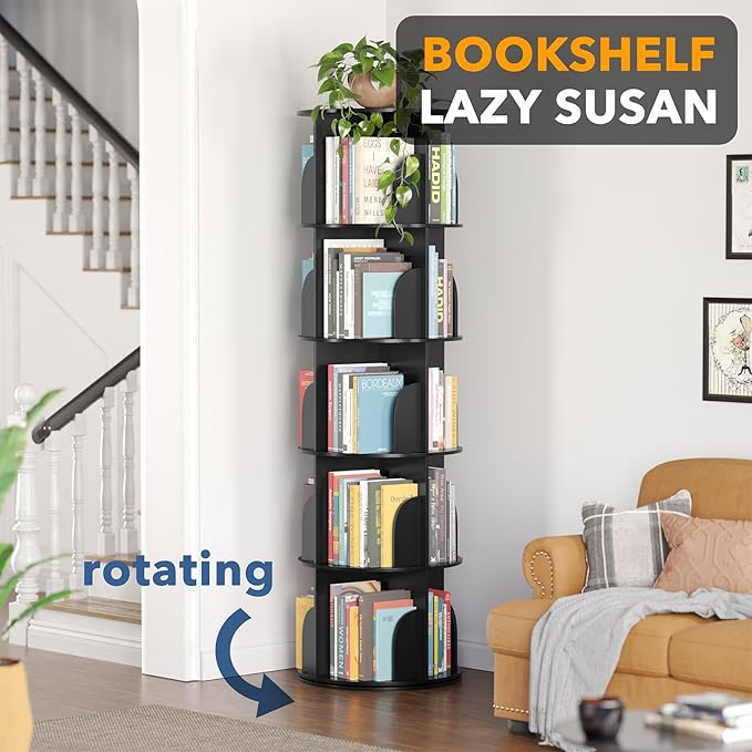 SpaceAid 5 Tier Rotating Bookshelf Tower, Spinning Bookcase Lazy Susan, Revolving 360 Book Shelf Storage Round Carousel, Vertical Rotate Turning Spiral Corner Organizer, Black