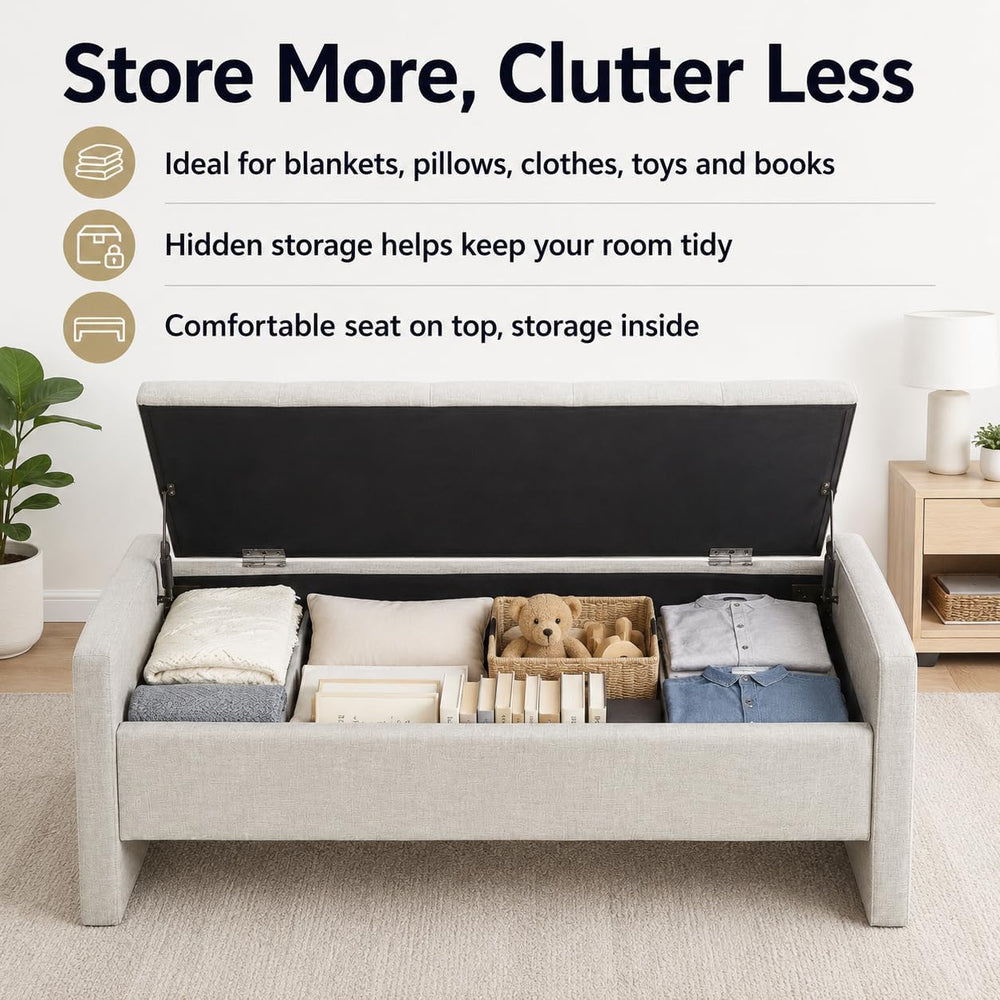 47.25 Inch Storage Ottoman Bench, Linen Upholstered, Light Grey | End of Bed ...