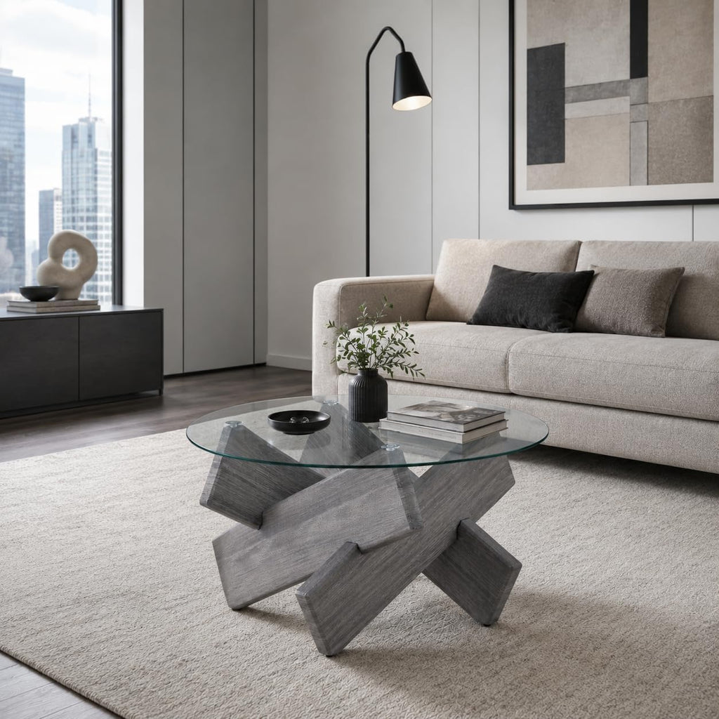 Round Glass Top Coffee Tables, 33.4 Inch Gray Coffee Table with Crossed Legs, Modern Mid Century Round Coffee Tables for Living Room, Circle Glass Coffee Tables for Living Room