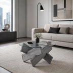 Round Glass Top Coffee Tables, 33.4 Inch Gray Coffee Table with Crossed Legs, Modern Mid Century Round Coffee Tables for Living Room, Circle Glass Coffee Tables for Living Room