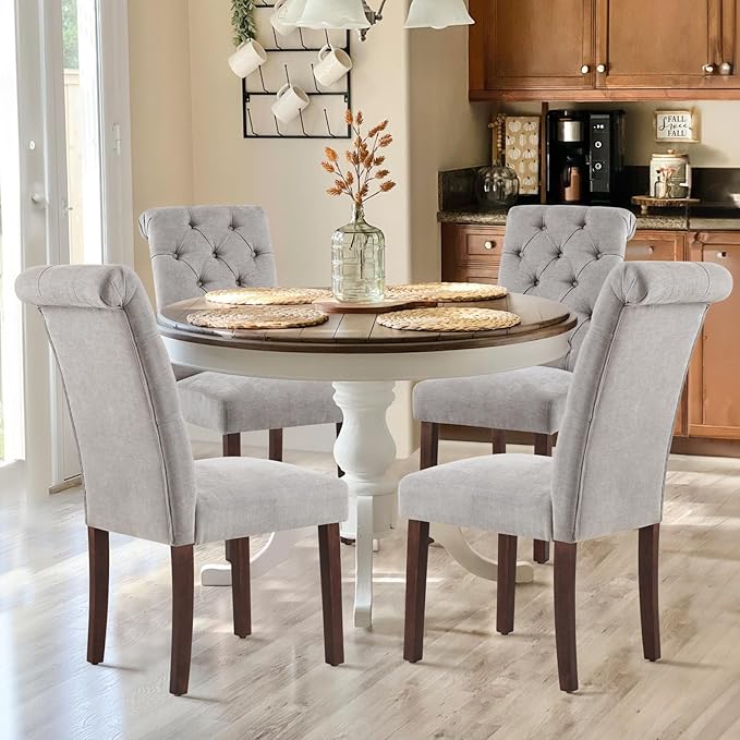 Tufted Dining Chairs Set of 2, Upholstered Parsons Dining Room Chairs, Fabric Kitchen Side Chair with Wood Legs, Light Grey
