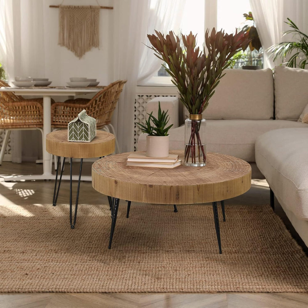 RUSTOWN Farmhouse Round Coffee Table Set of 2, Cocktail Table Sets | Modern C...