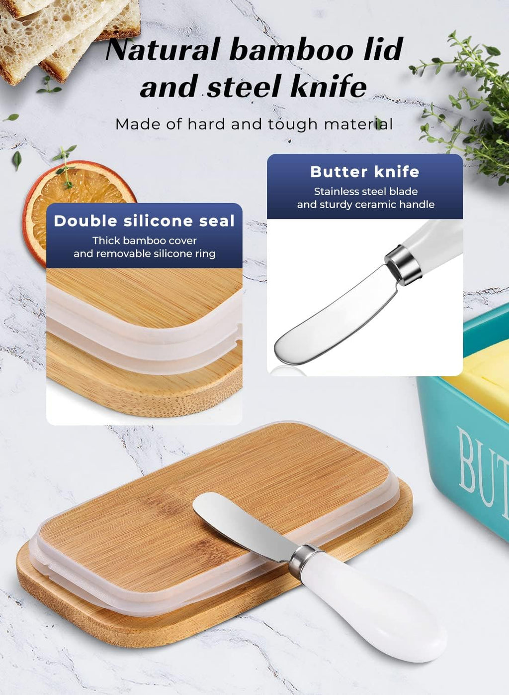 Butter Dish with Lid: Large Butter Container for Countertop - Ceramic Butter Holder for Counter - Butter Tray Butter Keeper with Knife and Sponge Scrubber - Perfect for 2 Sticks of Butter Green