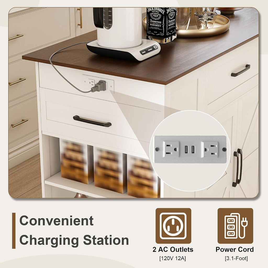 46" Kitchen Island with Power Outlet, Kitchen Storage Island with Drawer, Rolling Cart on Wheels, Wood Top with Adjustable Shelf and Trash Storage Cabinet, for Home, Dining Room (White, 46")