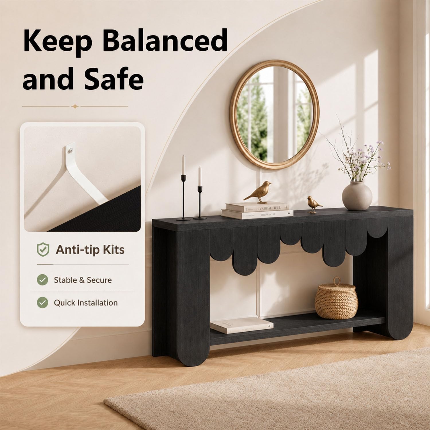 IBF Black Oak Console Table, 63” Long Wood Entryway Table with Storage | 2-Tier Modern Sofa Table Behind Couch for Home Living Room, Rectangular Entry Table for Hallway Entrance Foyer Front Door