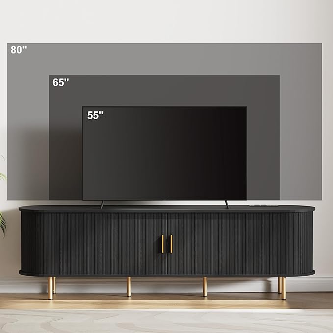 DHH 70.8 Inch Mid Century Modern TV Stand with Power Outlet for TVs up to 80 Inch, Entertainment Center with Storage and Adjustable Shelves, Media Console with Sliding Doors for Living Room(Black)