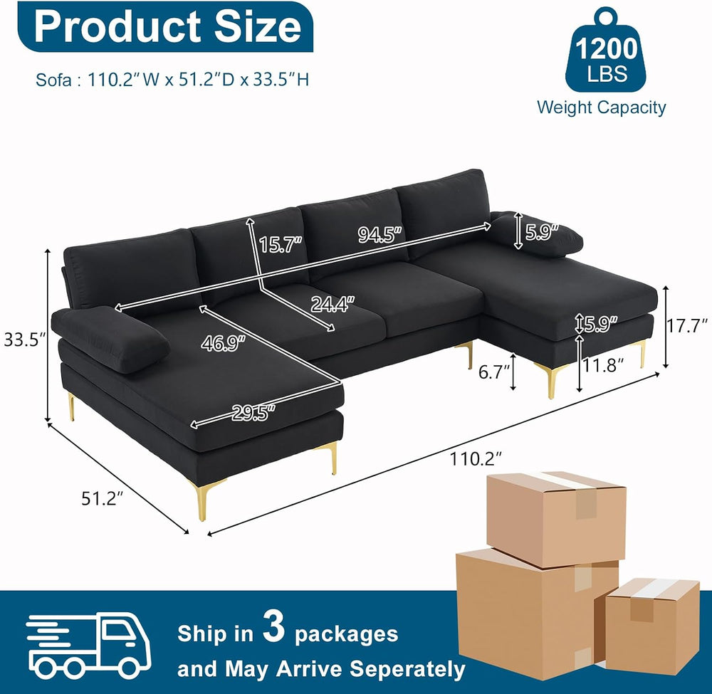 VINGLI 110" Modern Sectional Couch with 51" D Double Chaise, Black ...