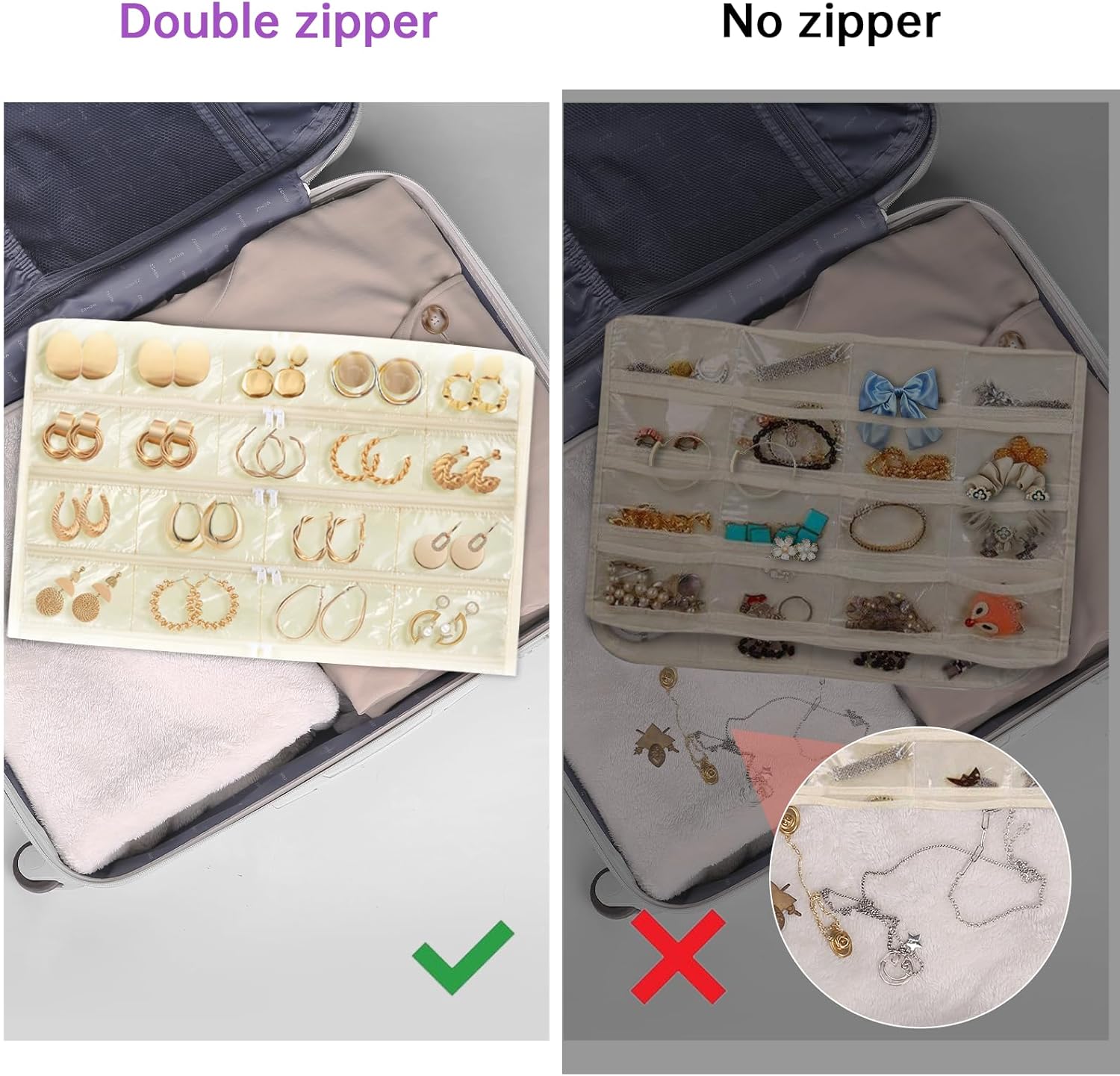 FOREGOER Hanging Jewelry Organizer with 88 Zippered Pockets, Dustproof Foldable for Travel, Accessories Organizer for Holding Jewelries Earring Organizers and Storage (Beige)