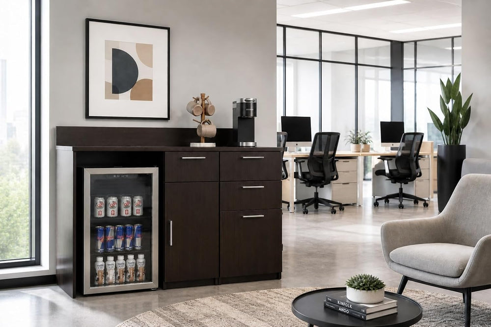BREAKtime Mini Fridge and Drawer Storage Cabinet for Office Breakroom, Commer...