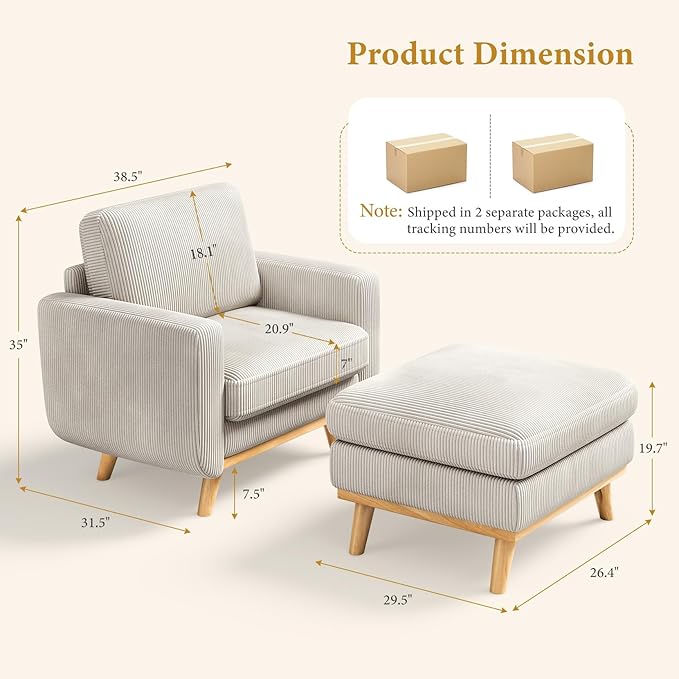 Vesgantti 38.5" Accent Chair with Movable Ottoman, Comfy Corduroy Armchair with Spring Cushion, Reading Chair with Ottoman, Modern Single Sofa for Living Room, Bedroom and Apartment, Light Gray