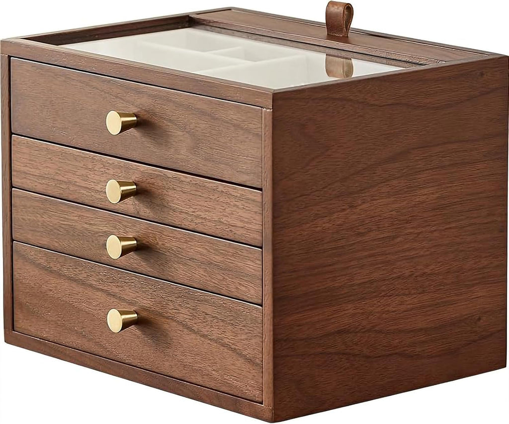 Black Walnut Wooden Jewelry Box for Women 4 Layer with Glass Lid and Pull-out Necklace Storage Layer Watch Necklace Ring Earring Storage,Christmas Gifts