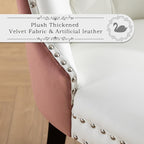 Leather Upholstered Dining Chairs Set of 2, Modern Style Kitchen Side Chairs with Nailhead Trim and Wood Leg, Metal Pulling Ring for Dining Room Living Room(White&Pink)