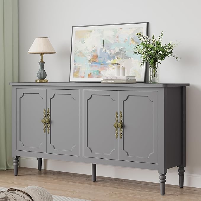 RoyalCraft 59'' Sideboard Buffet Cabinet with Storage, Modern Buffet Cabinet with Adjustable Shelves & Carved Handle, Mid Century Large Credenza Coffee Bar for Dining Room, Living Room (Dove Gray)
