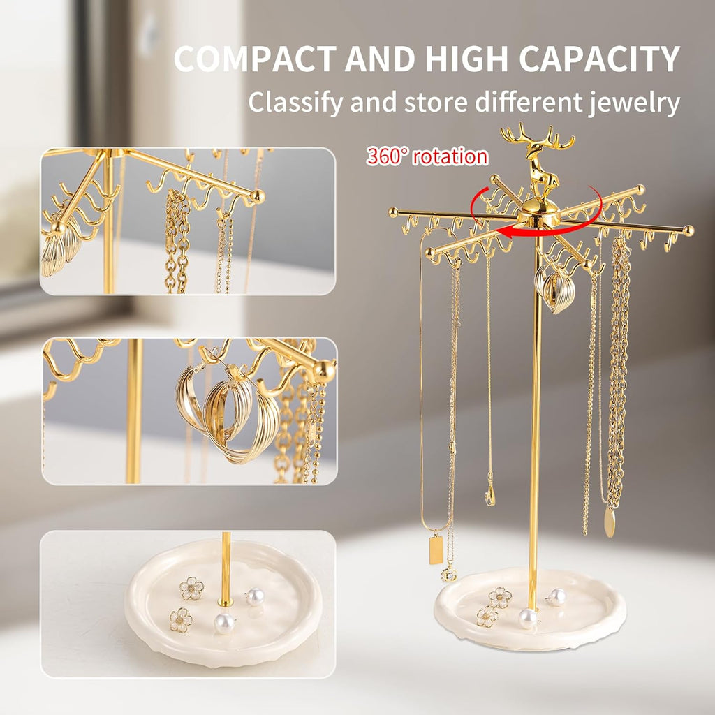 Necklace Holder Jewelry Stand, Rotating Necklace Holder Organizer with 48 Hooks for Necklace Earring Keychains Bracelet Display Stand, Metal Necklace Tree Stand -Women Gifts (Gold)