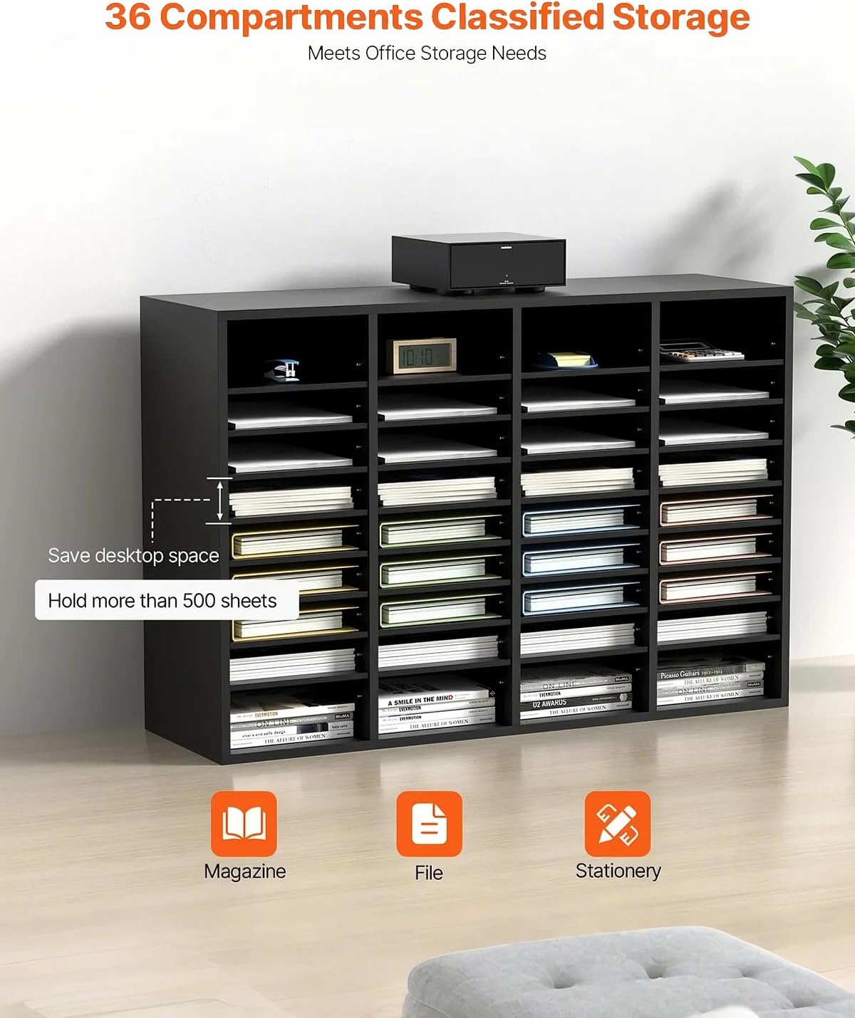 VEVOR Wood Literature Organizer, 36 Compartments, Mailboxes Slot with Removable Shelves, File Sorter for Office, Home, Classroom, or Mailrooms Organization, Black