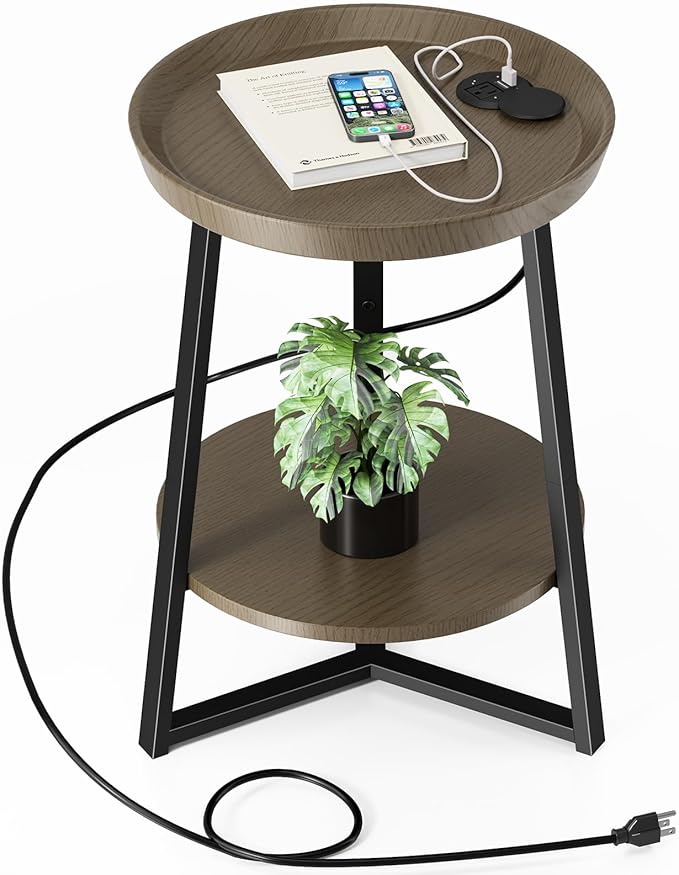 Gadroad Round End Table with Charging Station, USB Ports, Wood Tabletop &...