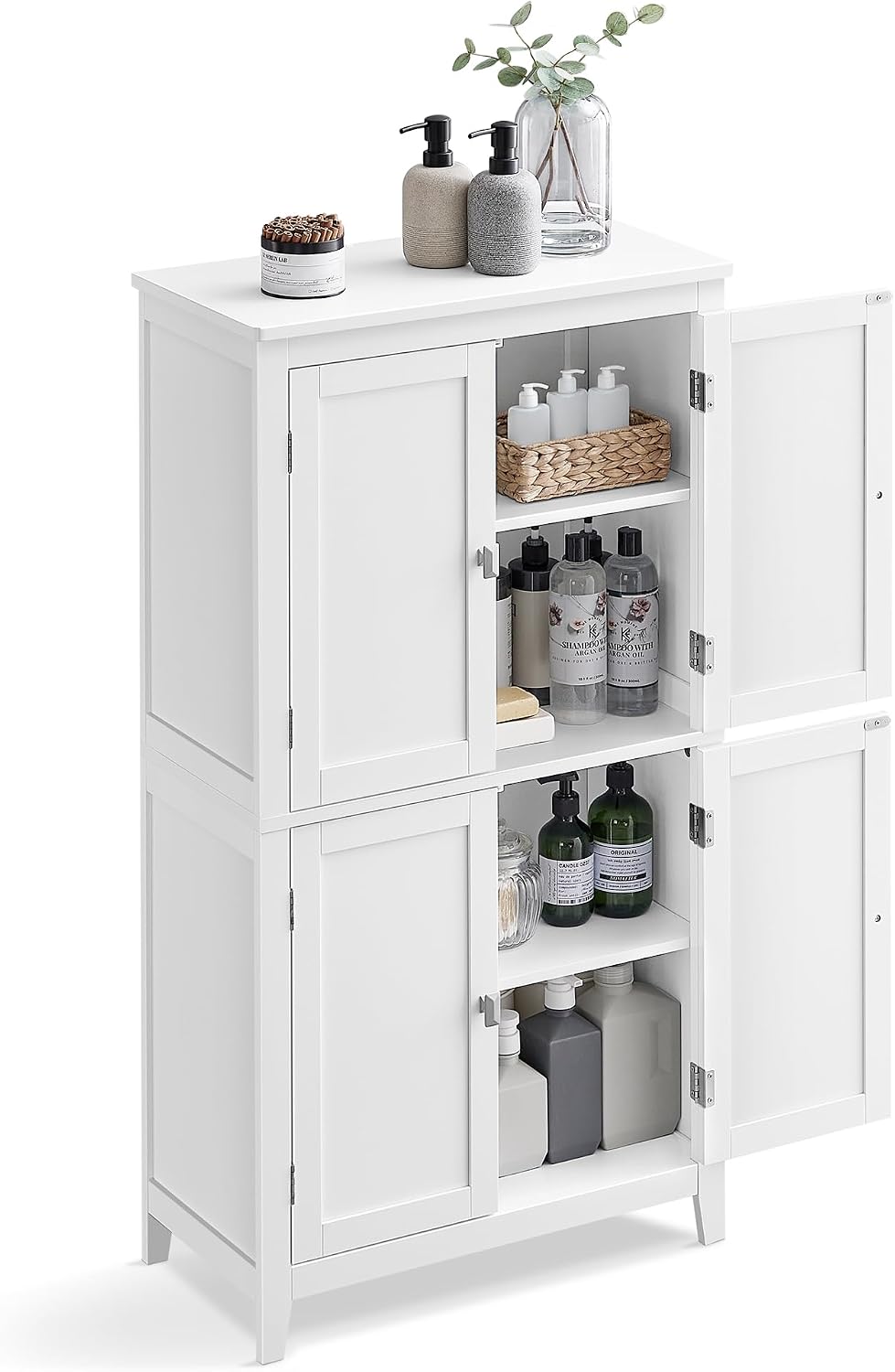 VASAGLE Floor Storage Cabinet, Freestanding Storage Unit with 4 Doors, Adjustable Shelves, 11.8 x 23.6 x 43.3 Inches, for Entryway, Bathroom, White UBBC552P31
