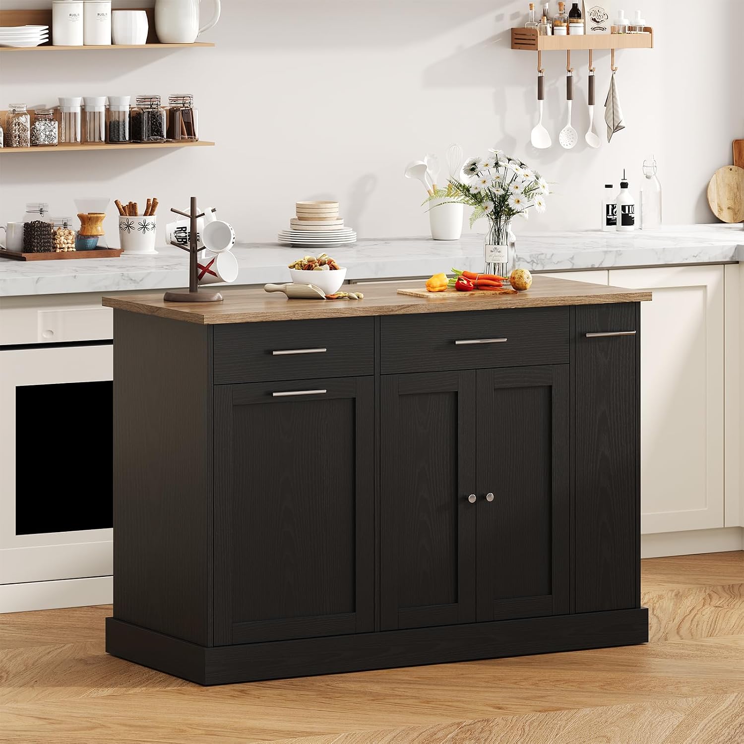 4 EVER WINNER 53" Kitchen Island Cart with Hidden Trash Storage, 3-Tier Spice Rack & Adjustable Shelves, Mobile Kitchen Counter on 5-Wheel Casters, Black