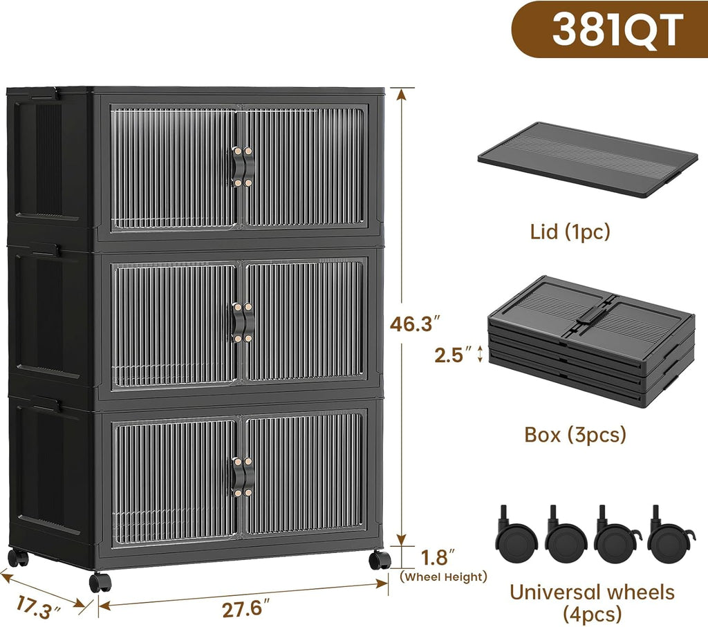 SAILUN 95Gal/381Qt Stackable Storage Bins Folding Collapsible Storage Bins with Lid, Closet Organizers and Storage Box with Door Black 28" W x 17" D x 46" H