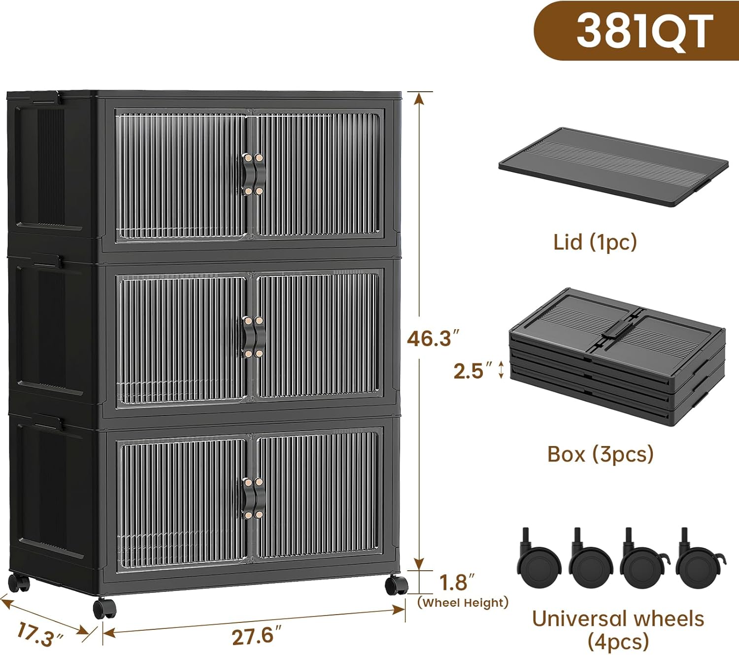 SAILUN 95Gal/381Qt Stackable Storage Bins Folding Collapsible Storage Bins with Lid, Closet Organizers and Storage Box with Door Black 28" W x 17" D x 46" H