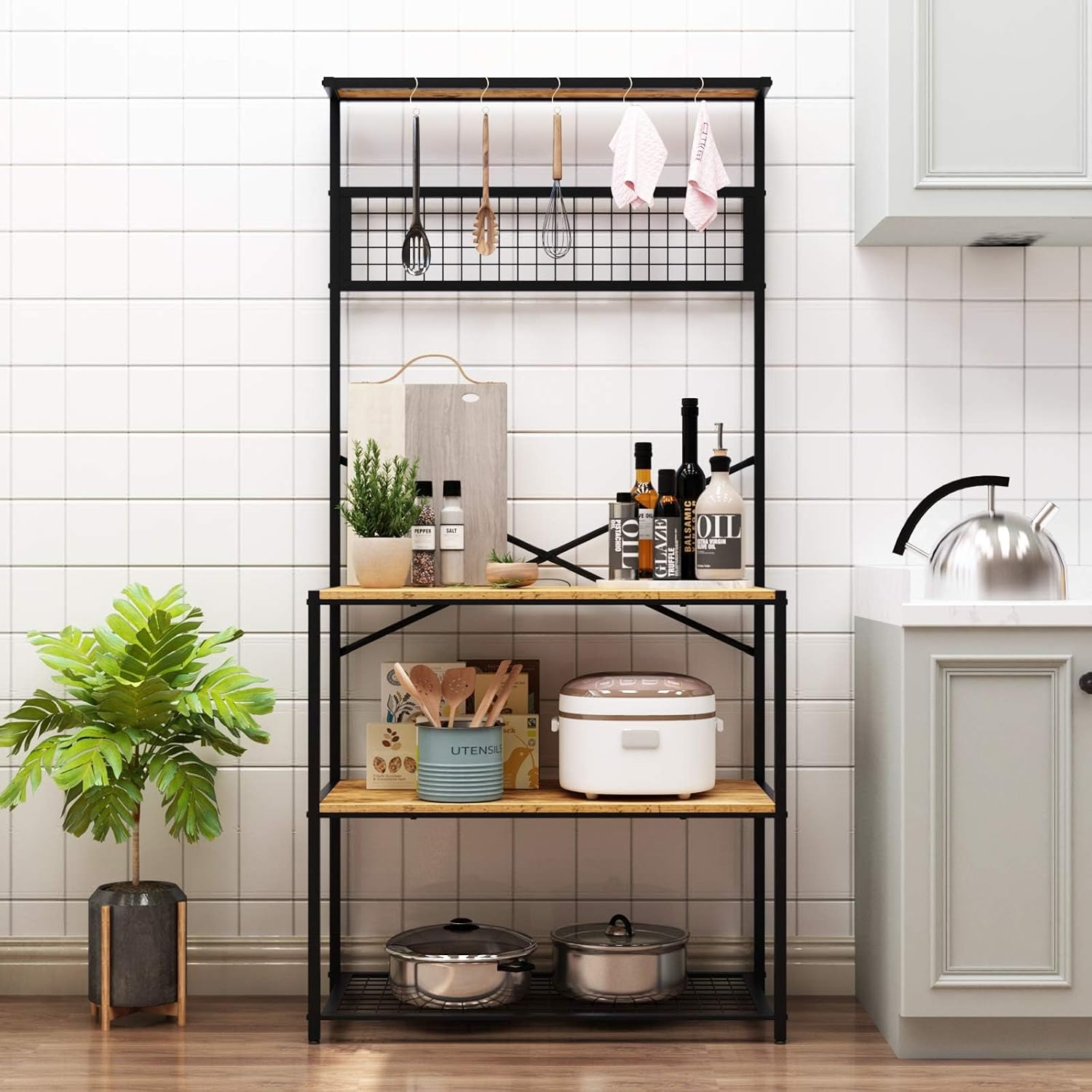 soges Kitchen Baker's Rack, 4-Tier Design, Microwave Stand, Rustic Brown, Utility Organizer, Mesh Bottom Panel, Free Standing with 5 Hooks