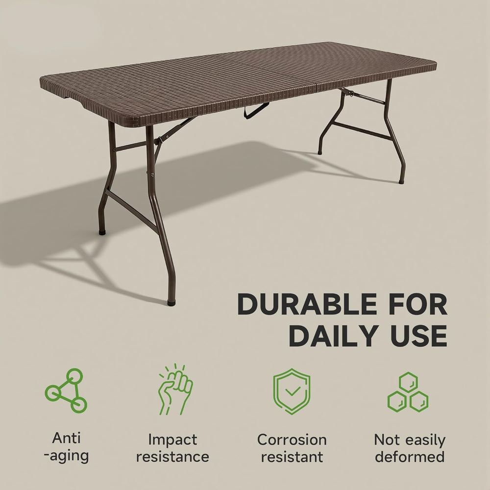 Folding Table 6 Foot, Heavy Duty 600 LBS Capacity, HDPE Wicker Pattern, Sturd...